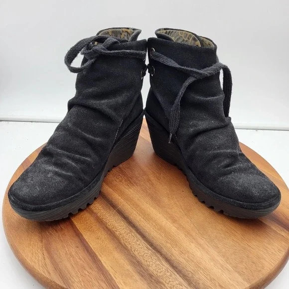 Fly London Ankle Boot Womens 7.5 / 8 Yama Black Suede Wedge Lace-up Back Booties - Picture 6 of 16